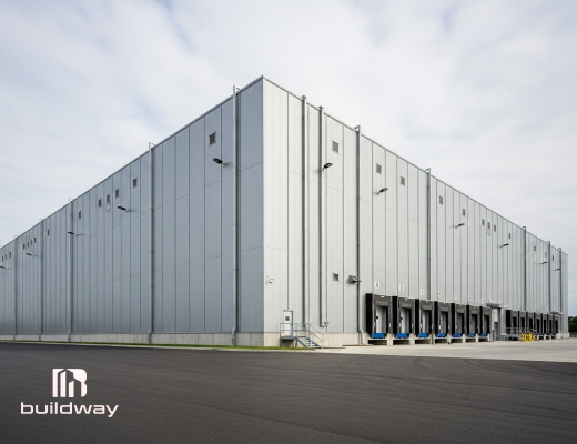 Massive industrial steel warehouse with multiple loading docks and high vertical panels, constructed by Buildway. Designed for large-scale logistics, storage, and manufacturing operations.