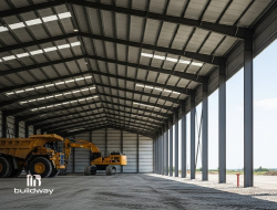 Spacious steel industrial shed built by Buildway, housing heavy machinery and construction equipment. Designed for durability, large-scale operations, and efficient industrial storage.