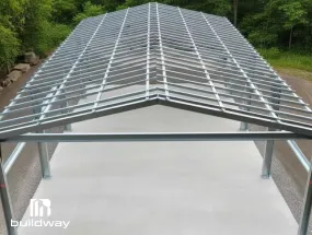 Steel frame foundation structure for a cold-formed steel (CFS) building, showing the prefabricated metal base system by Buildway.