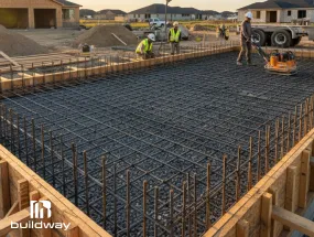 Construction workers assembling reinforced steel rebar for an I-beam prefab foundation system, ensuring strong structural support.