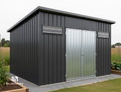 Contemporary dark gray metal shed with double galvanized steel doors and side ventilation windows, for residential backyards. Designed for durability, storage, and modern outdoor appeal.