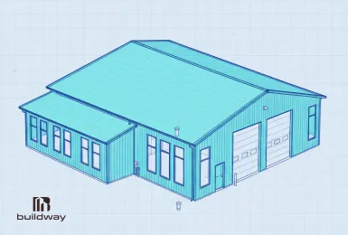 Blueprint of a multi-purpose steel building with large garage doors and side windows designed by Buildway.