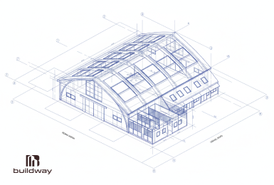 Blueprint design of the Buildway riding arena, showing detailed structural layout and dimensions for a spacious, weather-resistant equestrian facility.