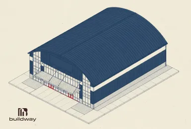 Architectural blueprint of a modern steel sports facility featuring a curved roof, wide front entrance, and durable metal framing for strength and longevity.