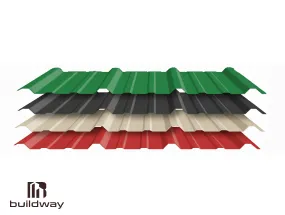 Stack of colorful Buildway I-beam wall liner panels in green, black, beige, and red, showcasing durable steel cladding options for interior and exterior building applications.