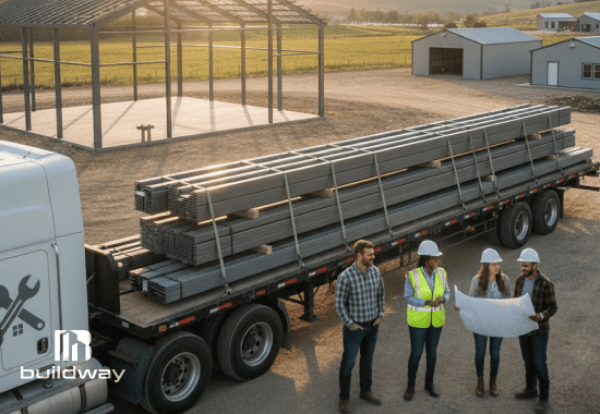 Buildway team discussing construction plans beside a truck loaded with steel beams at a project site.