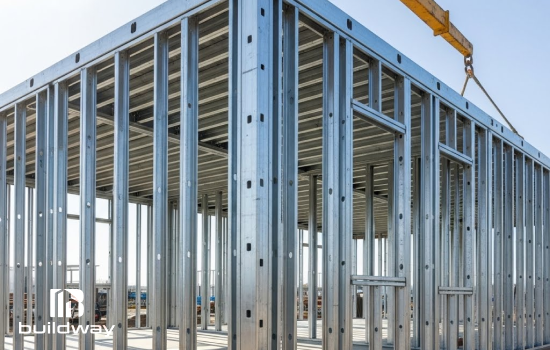 Cold-formed steel (CFS) building frame under construction by Buildway, showing galvanized steel studs and beams being assembled with a crane at a construction site.