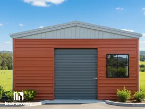 Modern steel building with a gray roll-up door and rectangular window frame, showcasing Buildway’s CFS window framing system.