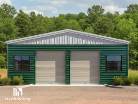 Green cold-formed steel building with two beige roll-up doors and side window frames, part of Buildway’s CFS window frame options.