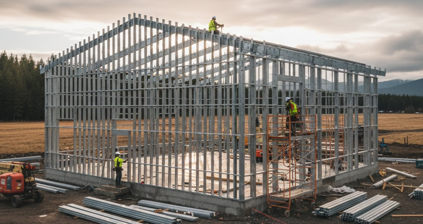 Cold-formed steel building frame being assembled on-site, showing light-gauge steel structure during construction.