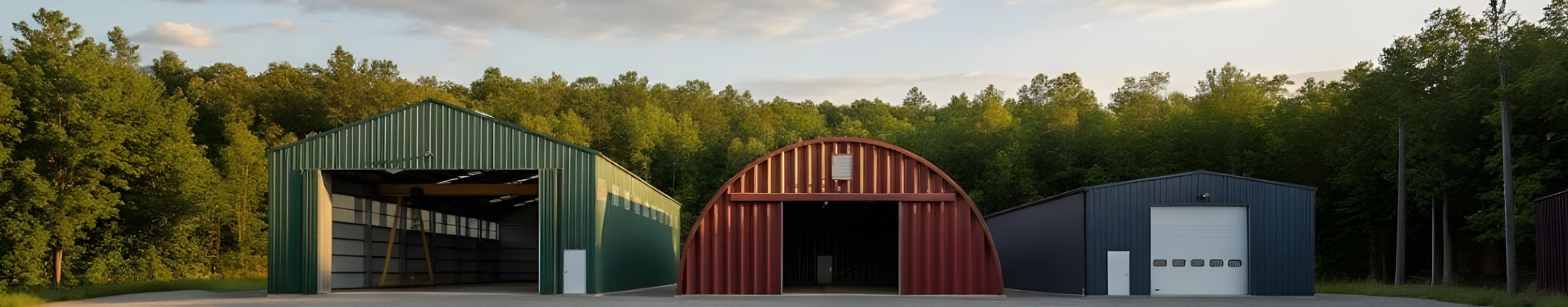 Cold-Formed vs I-Beam vs Quonset steel buildings shown side-by-side, including a green cold-formed building, a red Quonset hut, and a blue I-beam structure.