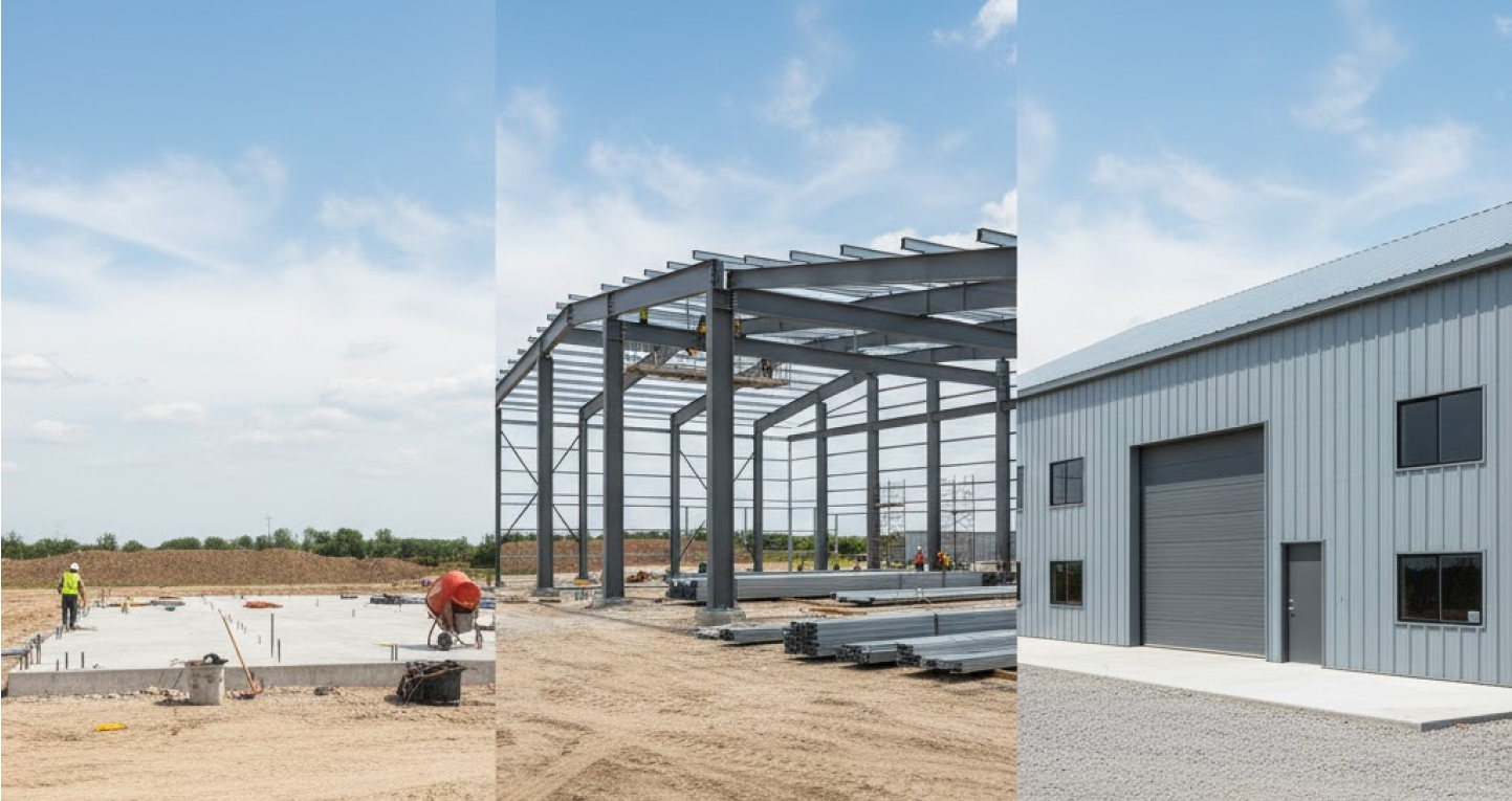 Three-panel image showing the stages of a steel building project: a concrete foundation being prepared, a steel frame under construction, and a completed metal building with installed siding and overhead door.
