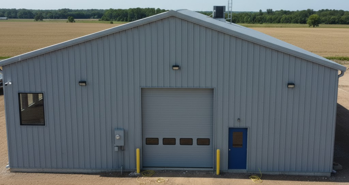 Front view of a completed steel building featuring framed openings, an overhead roll-up door, a walk-in door, and installed exterior accessories like lighting and utility connections.