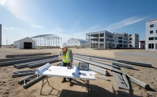 Construction engineer reviewing blueprints on a job site with steel building frames and materials. Visual guide to help homeowners choose a steel building kit that fits their needs.