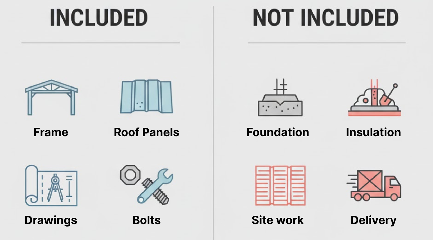 Itemized metal building kit quote showing included components and hidden costs.