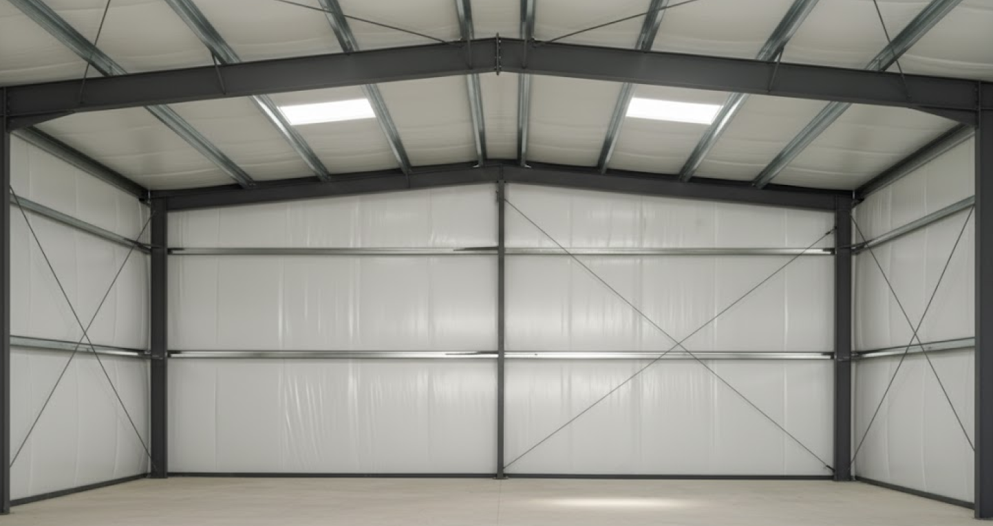 Interior of a metal structure showcasing insulated panels, framing, and steel building accessories in a clean, unfinished space.