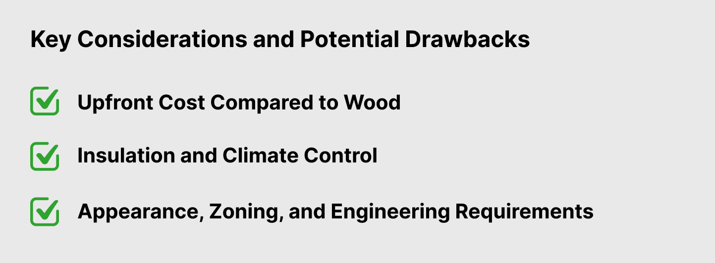 Graphic listing key considerations and drawbacks of residential steel buildings, including upfront cost, insulation needs, and zoning or engineering requirements.