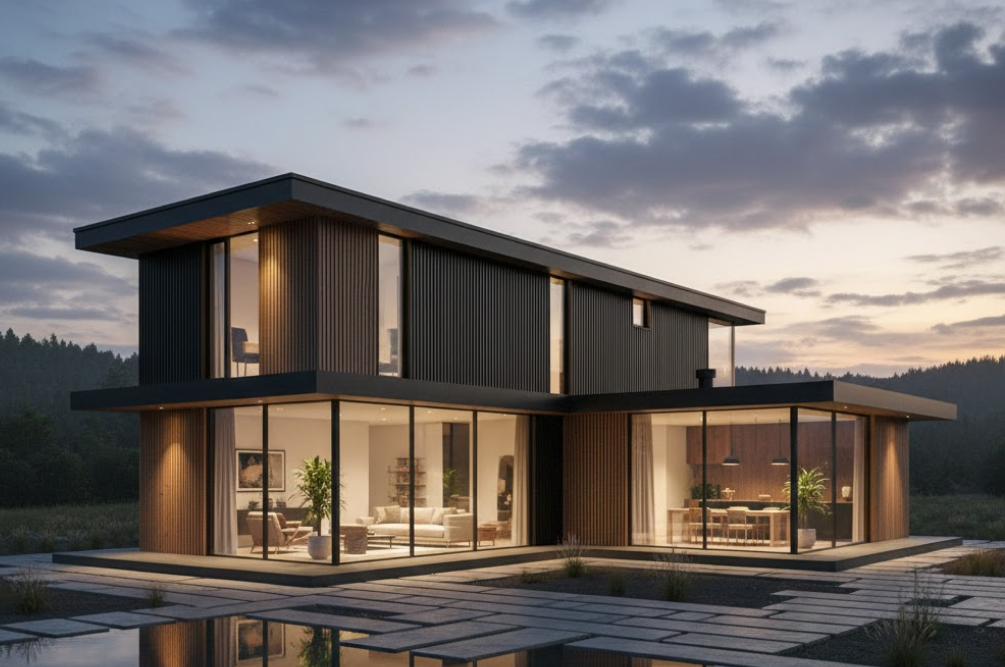 Modern two-story steel home with large glass walls at sunset, showcasing contemporary architectural design.
