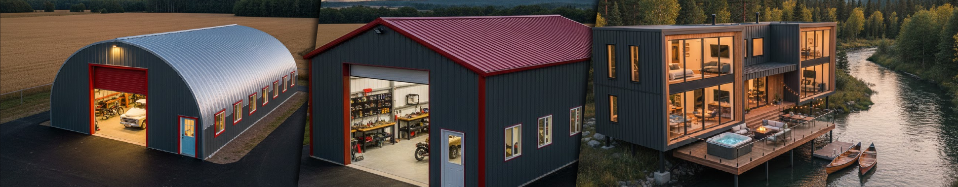 A showcase of modern Steel Building Design Ideas featuring a curved steel workshop in a rural field, a rectangular steel garage with red trim, and a contemporary two-story steel-framed home overlooking a river with large glass windows and an outdoor deck.