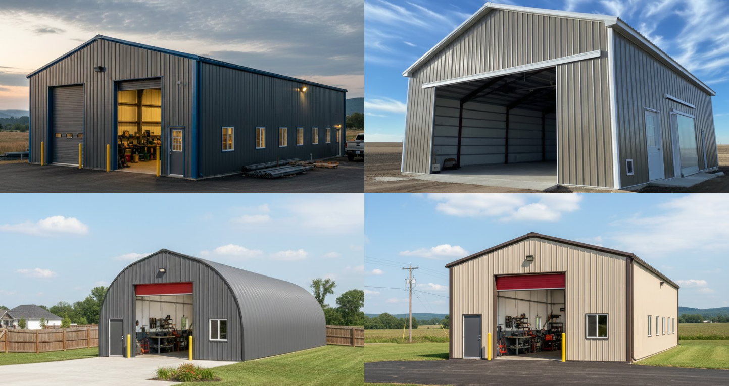 A collage of four multi-use workshop structures showcasing Steel Building Design Ideas, featuring gable-roof steel shops, open-span metal garages, and arch-style steel workspaces used for storage, equipment maintenance, and fabrication.