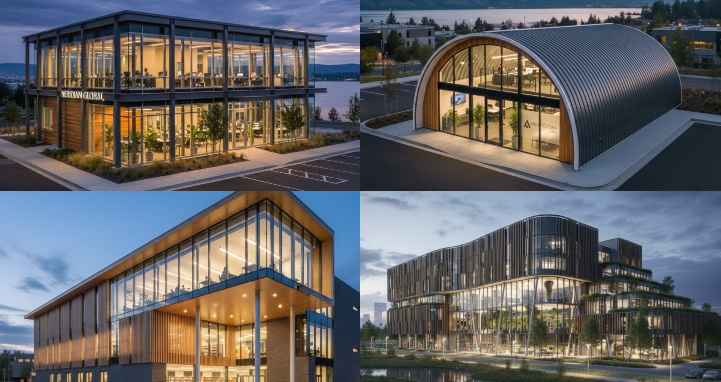 A collage of modern commercial structures showcasing Steel Building Design Ideas, featuring glass-and-steel office buildings, an arched steel workspace, and a multi-level contemporary steel complex with extensive glazing and landscaped terraces.