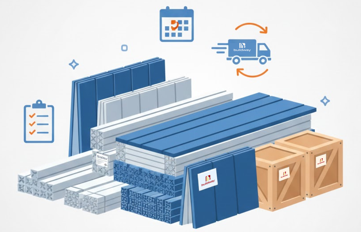 Illustration of a Buildway metal building kit packaged for delivery with panels, framing, crates, and shipping icons representing scheduling and logistics.