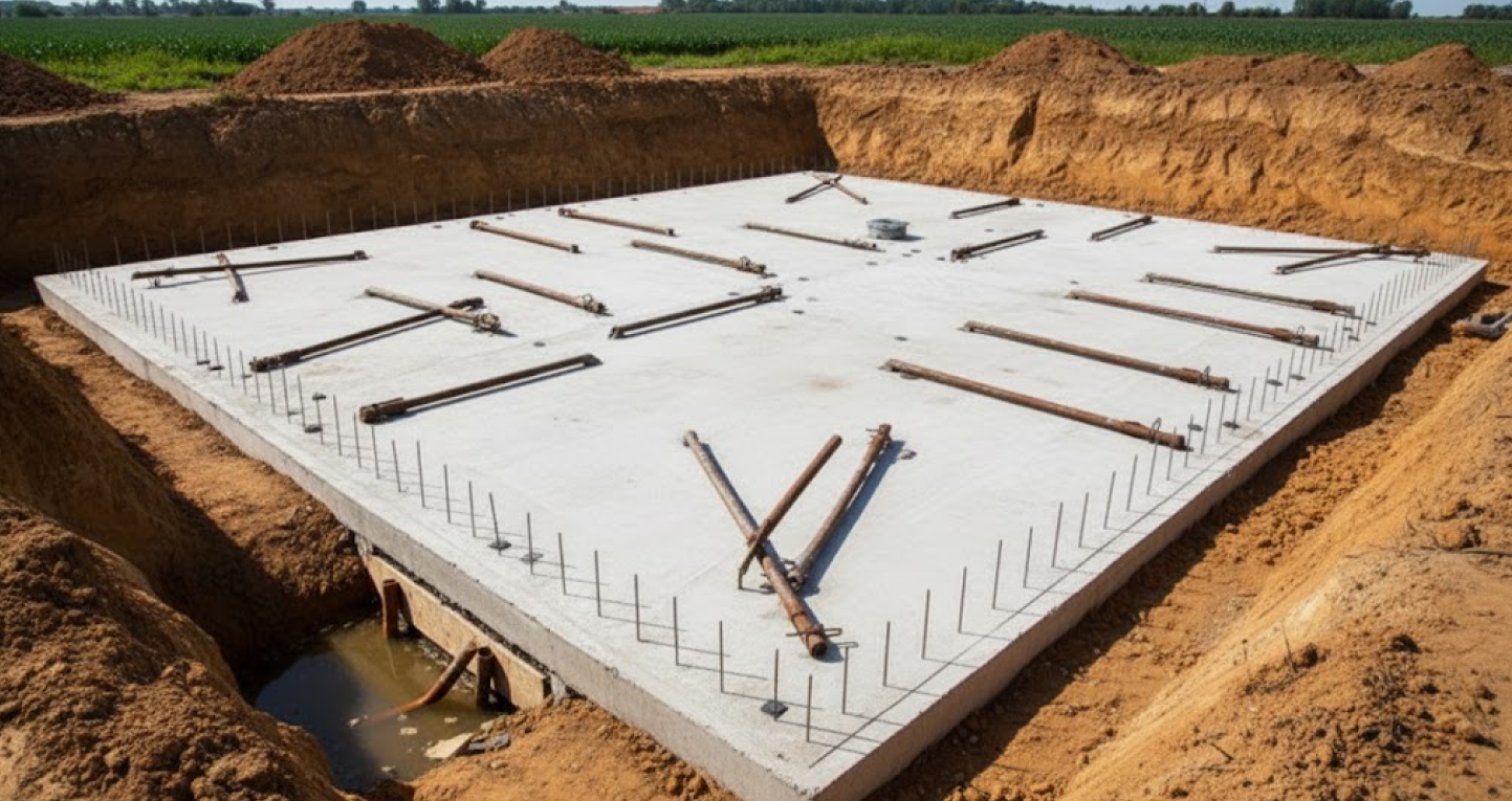 Concrete foundation slab prepared for installing steel building accessories, with anchor bolts and support points laid out across the surface.
