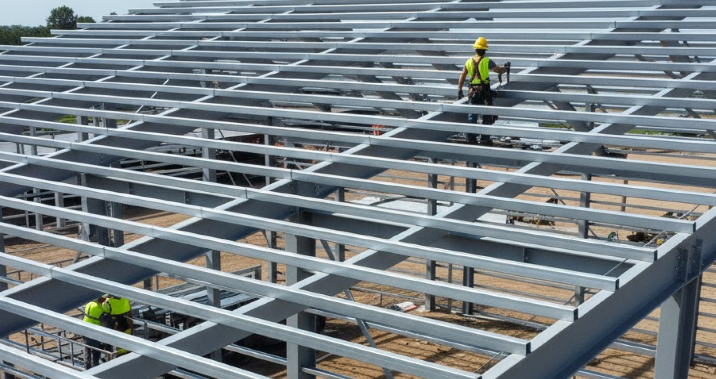 Construction workers assembling the secondary framing support system of a steel building, showing horizontal steel beams forming the roof structure.