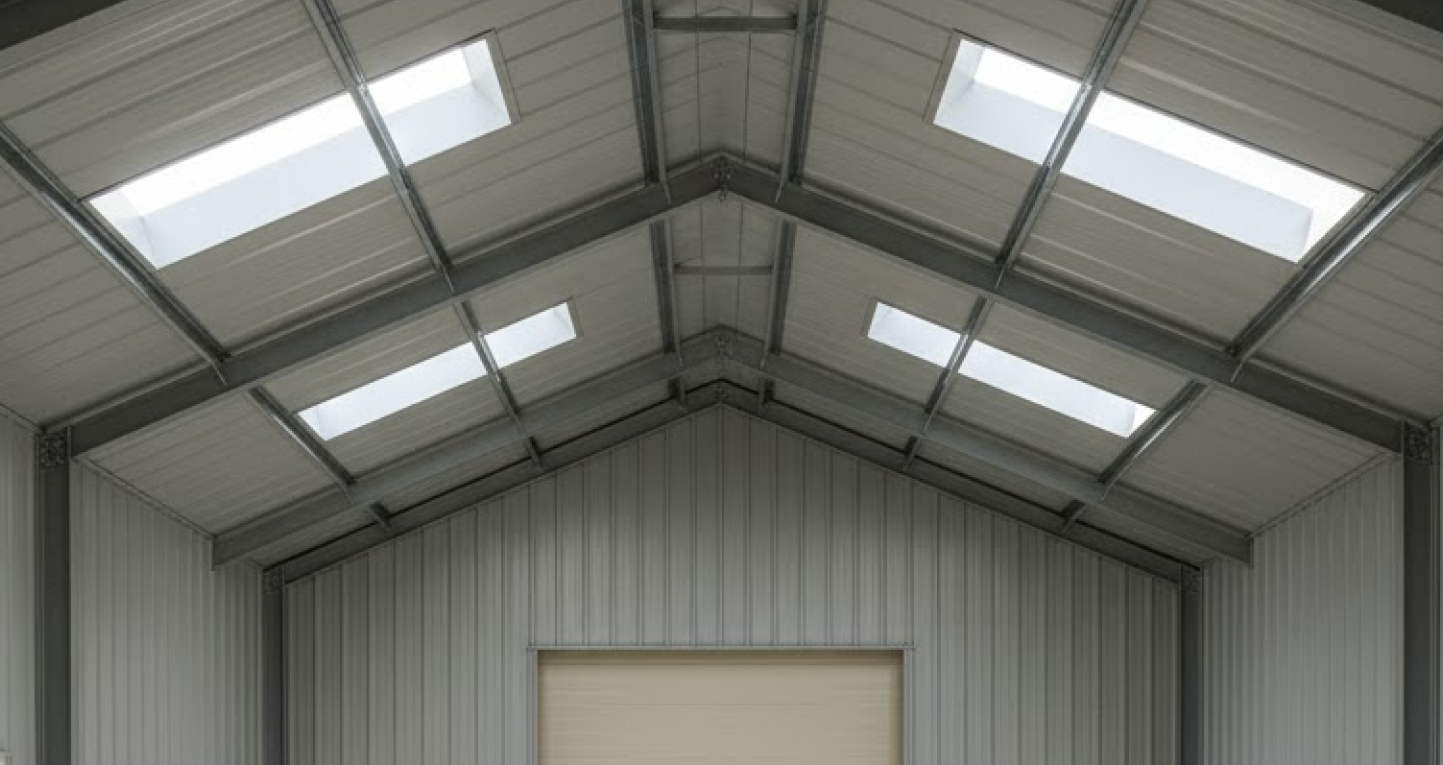 Interior view of a metal building roof featuring multiple skylights and structural framing, showcasing steel building accessories that improve natural lighting.