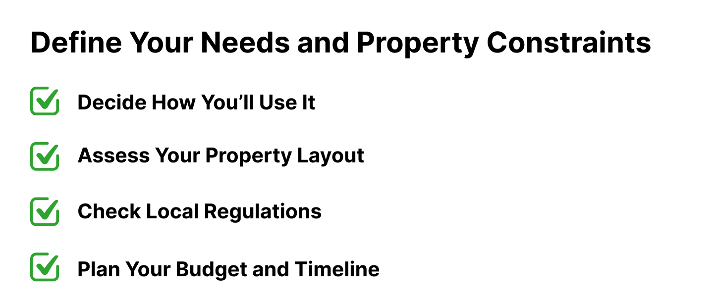 What’s the Best Way to Design a Metal Garage Kit for Your Property Layout? 1 Checklist graphic showing steps to define your needs and property constraints when designing a metal garage kit, including deciding how you’ll use it, assessing your property layout, checking local regulations, and planning your budget and timeline.