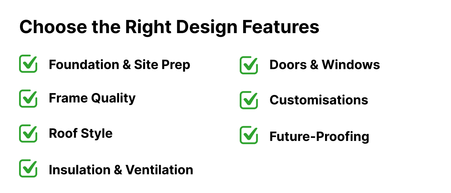 What’s the Best Way to Design a Metal Garage Kit for Your Property Layout? 2 Checklist graphic showing key design features to consider for a metal garage kit, including foundation and site prep, frame quality, roof style, insulation and ventilation, doors and windows, customisations, and future-proofing.