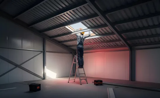 Worker installing steel building accessories on the roof of a metal structure during daylight.