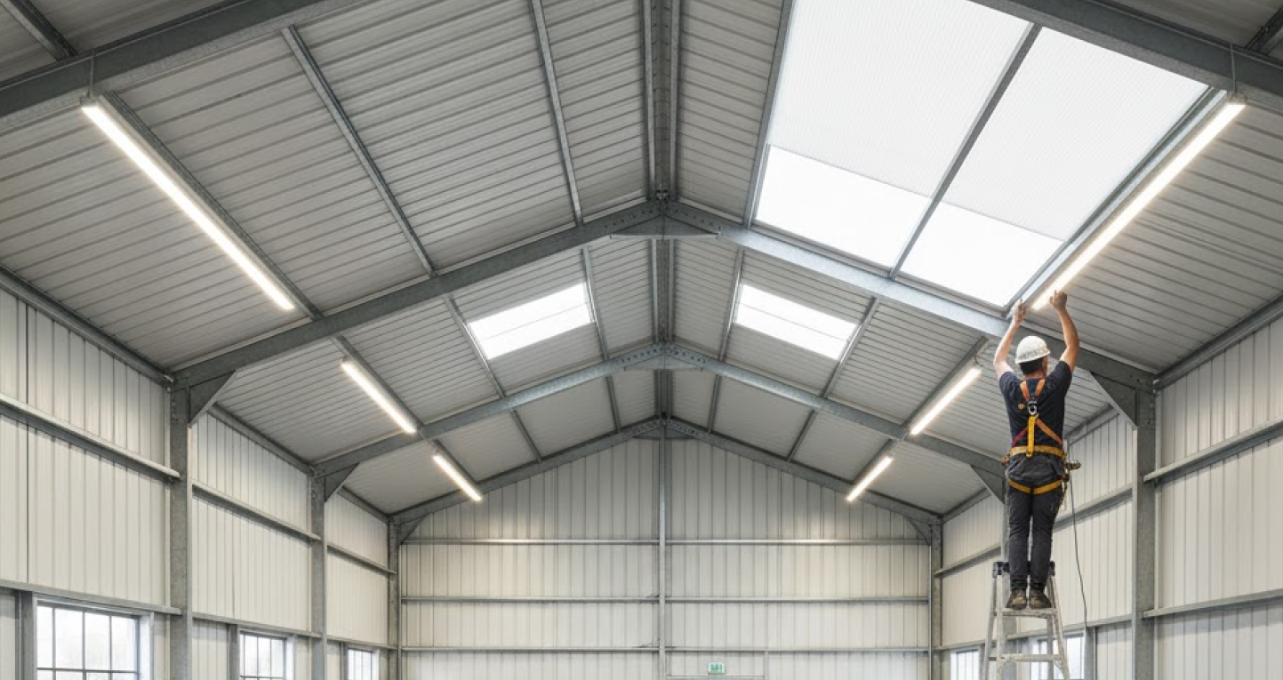 Worker installing translucent light-transmitting panels inside a metal building, highlighting steel building accessories that improve natural lighting.
