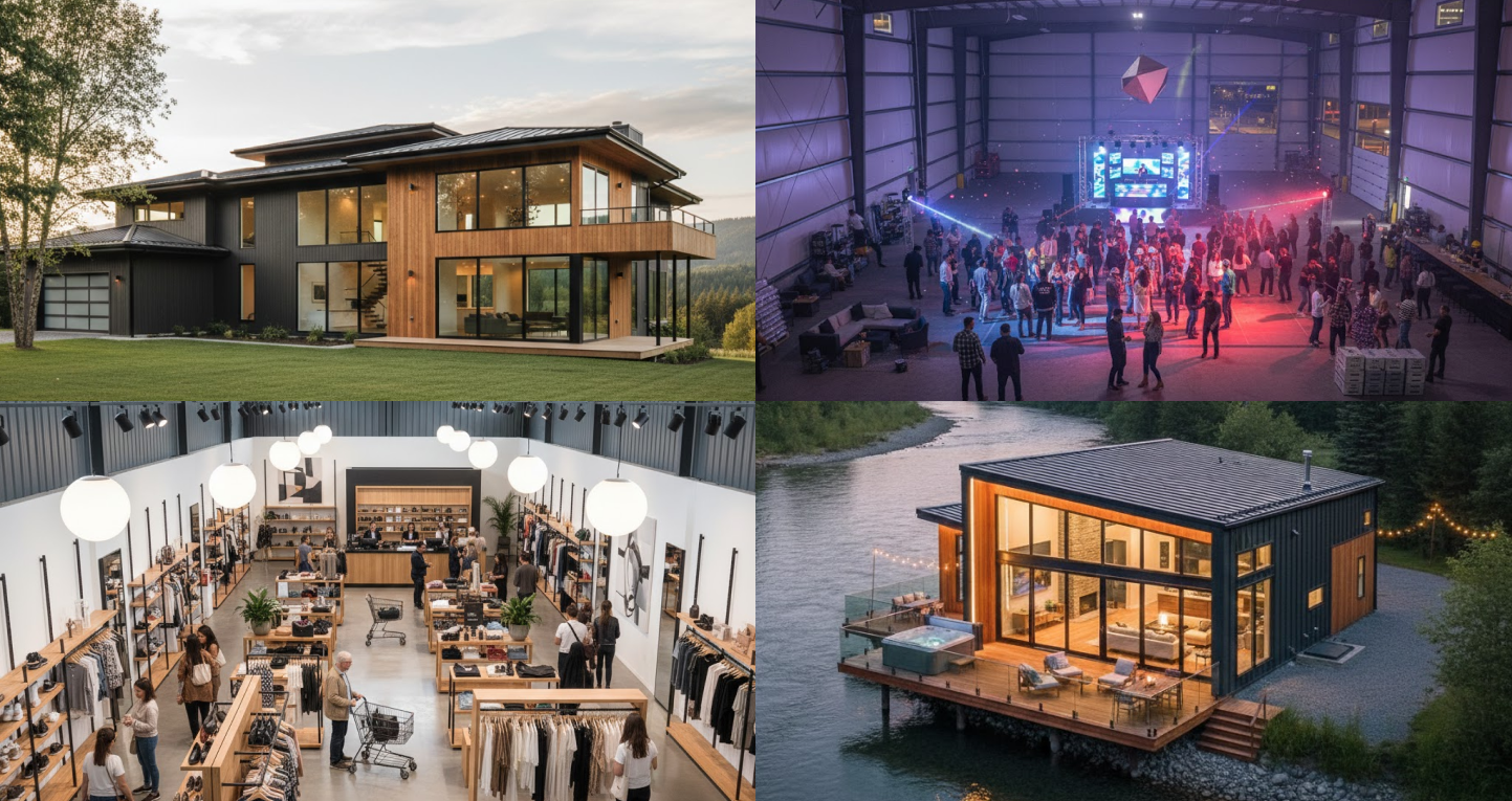 A collage showcasing Steel Building Design Ideas, including a modern steel home, a large event space, a retail store interior, and a riverside steel cabin with a deck.