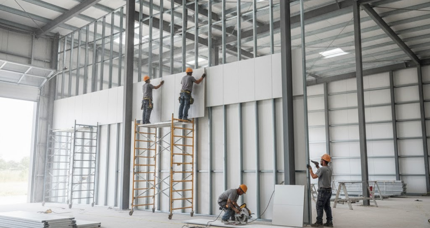 Crew installing interior wall liner panels inside a metal building, demonstrating steel building accessories used for finishing and insulation.