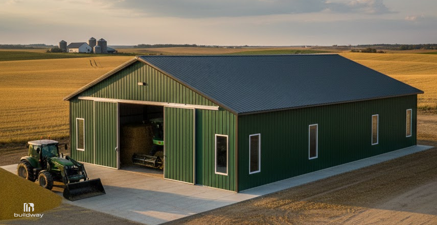 How Long Do Steel Buildings Last If You Ignore Maintenance? The Result Is Brutal 3 Green steel agricultural storage building on a rural farm, with large sliding doors, equipment inside, and open fields surrounding the structure.