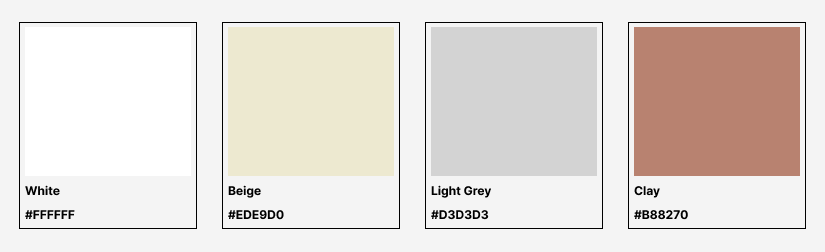 Metal building color swatches featuring White (#FFFFFF), Beige (#EDE9D0), Light Grey (#D3D3D3), and Clay (#B88270) for exterior design inspiration.