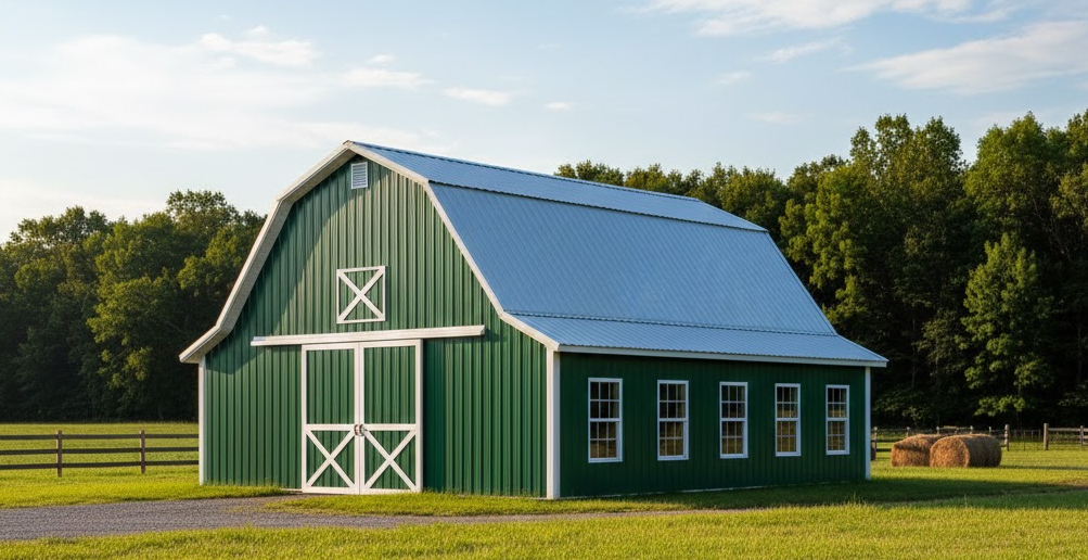Classic green metal barn with white trim and a silver roof, highlighting traditional metal building colors in a rural setting.