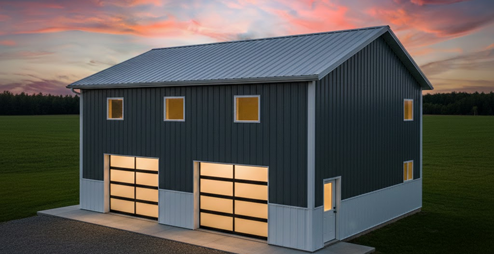 Two-tone metal building with dark gray upper panels and white lower panels, showcasing modern metal building colors at sunset.