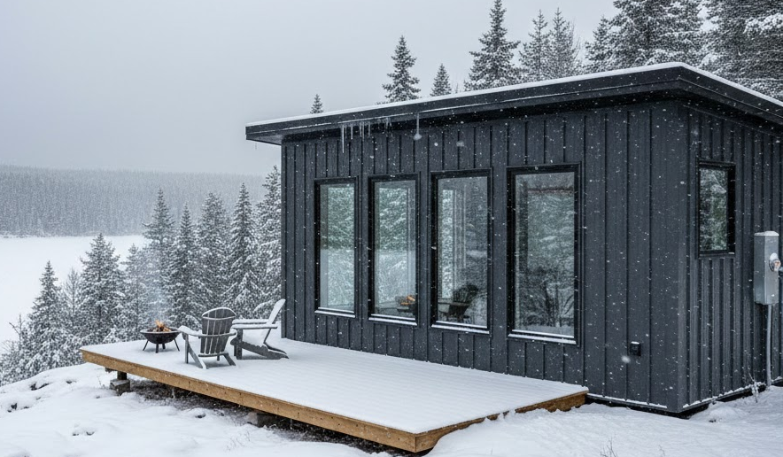 Dark gray metal cabin in a snowy forest setting, showcasing bold and weather-resistant metal building colors ideal for winter climates.