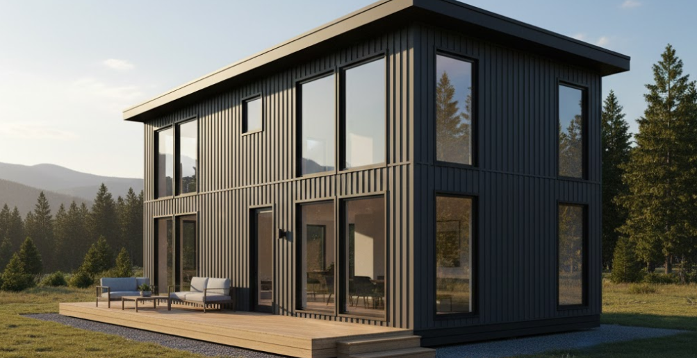 Modern two-story metal home with a dark matte finish, exemplifying sleek and contemporary metal building colors in a natural setting.