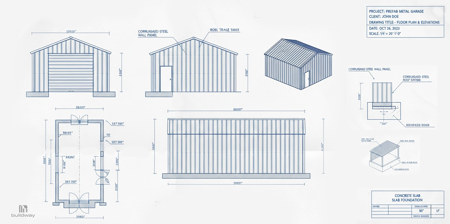 Custom steel building drawings and elevations showing layout, dimensions, and components, demonstrating why Steel Building Kits Are Stronger when designed for specific use cases.