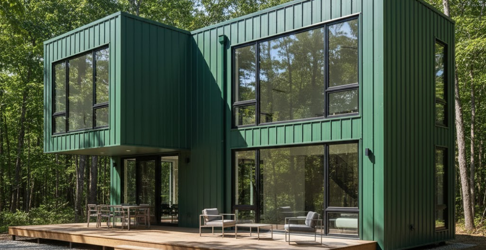 Contemporary green metal home with large black-trimmed windows, showcasing bold and earthy metal building colors in a wooded environment.