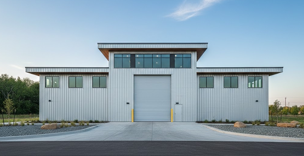 Contemporary light gray metal building with clean lines and symmetrical windows, showcasing minimalist and modern metal building colors.