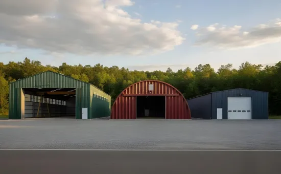 Cold-Formed vs I-Beam vs Quonset steel buildings shown side-by-side, including a green cold-formed building, a red Quonset hut, and a blue I-beam structure.