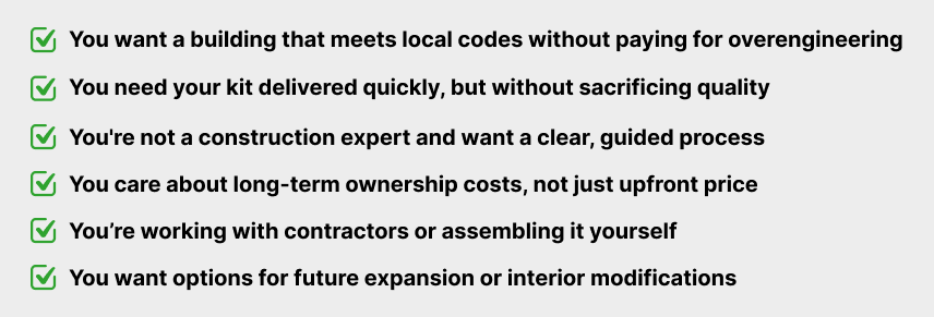 Checklist outlining buyer considerations such as code compliance, fast delivery, guided support, long-term costs, contractor or DIY options, and future expansion.