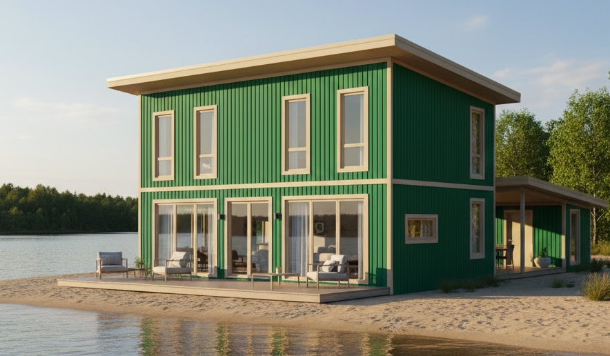 Green two-story metal home with beige trim, situated on a sandy lakeshore, showcasing vibrant and coastal-inspired metal building colors.