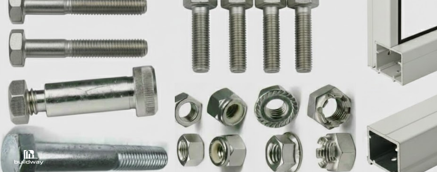 Assorted steel bolts, nuts, and fasteners used as hardware components in a metal building.