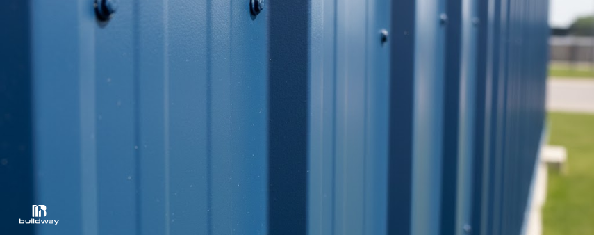 Close-up of blue painted steel wall panels with exposed fasteners and smooth finish.