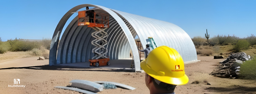 Workers assembling a pre-engineered steel structure on-site using lifting equipment, showing an efficient and streamlined construction process.